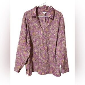 J Jill Paisley Roll Tab Top Womens 4X Purple 1/4 Button Up Pullover Cottagecore